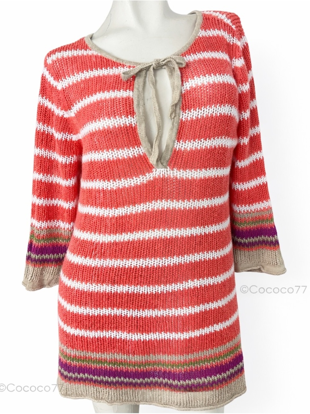 Tommy Bahama Linen Cotton Striped Tunic Dress Boho Beach Cover Up Bell Sleeve LG